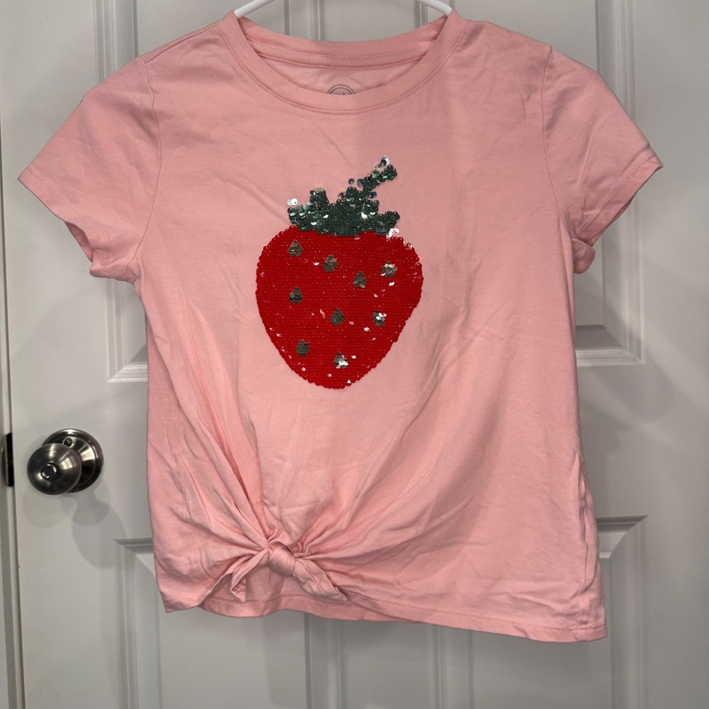 Wonder Nation Girls Pink Flip Sequin Strawberry Tie Front T-Shirt Size‎ M 7-8